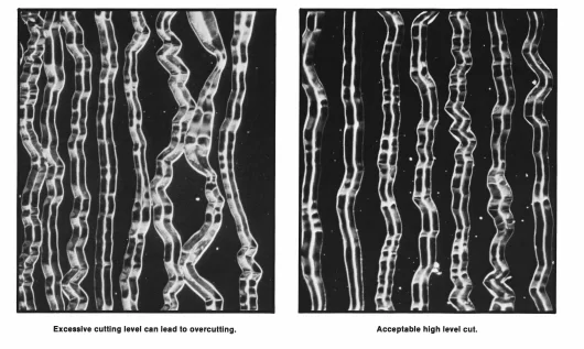 A close-up of a record's grooves when the audio is out of phase.